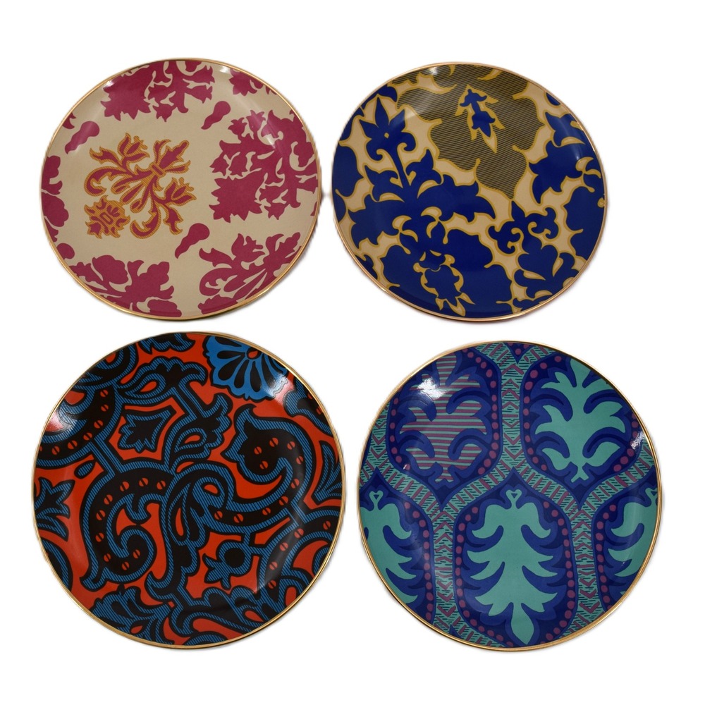 Tracy Reese Plate Set 4 7in Multicolor Mixed Patterns 18-Karat Gold Plated Rim